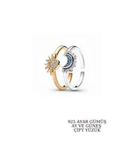 Elika Silver 925 Ayar Gümüş Gökyüzü Mavisi Işıltılı Ay ve Işıltılı Güneş Arkadaşlık Çift Yüzük Ayarlanabilir