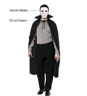 Siyah Renk Yakalı 120 Cm Pelerin Ve Beyaz Anonim Maske