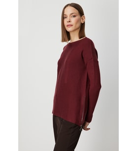 On Yanları Fermuarlı Sıfır Yaka Triko Kazak (Bej)