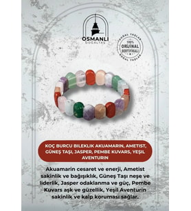 Koç Burcu Bileklik Akuamarin, Ametist, Güneş Taşı, Jasper, Pembe Kuvars, Yeşil Aventurin