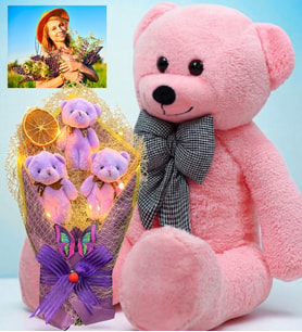 Size Özel Fotoğraflı Hediye Seti Büyük Boy Peluş Ayıcık ve Led Işıklı Mor Ayıcık Buketi