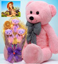 Size Özel Fotoğraflı Hediye Seti Büyük Boy Peluş Ayıcık ve Led Işıklı Mor Ayıcık Buketi