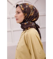 Çiçek Desen İpek Twill Eşarp 4210D01 (Kahverengi)