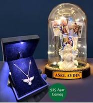 Işıklı Kutuda 925 Ayar Zümrüdü Anka Kuşu Kolye ve Size Özel Led Işıklı Fanus - Premium Set (Model 2)