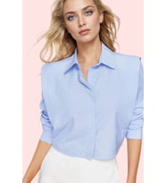 Kadın Crop Gömlek Yaka Düz Desenli Dokuma Terrycotton Kumaş Günlük Kullanım Modern Tasarım (Mavi)