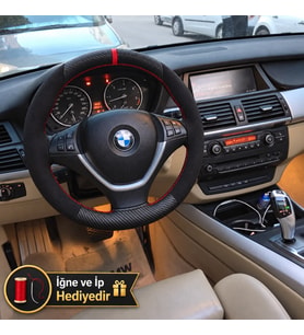 BMW X5 E70 Dikme Direksiyon Kılıfı Alcantara Süet Mat Karbon Kırmızı Yüzük ve Dikiş 2006-2013