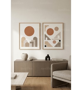 Minimalist Toprak Tonlarında Soyut Geometrik Formlar 2’li Ahşap Çerçeveli Tablo Seti