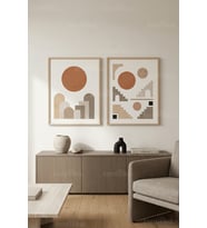 Minimalist Toprak Tonlarında Soyut Geometrik Formlar 2’li Ahşap Çerçeveli Tablo Seti
