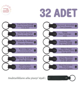 Atölye Çalışmalarına Katılanlara 32'li Set, İsim Yazılı Hatıra Deri Anahtarlık, Mor Menekşe & Siyah (Lila - Mor)