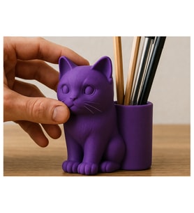 Alvera Kedi Figürlü Kalemlik – 3D Baskı Masaüstü Organizer - Mor