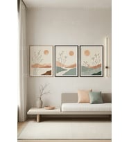 Modern Minimalist Peyzaj ve Bitki Motifli 3’lü Ahşap Çerçeveli Tablo Seti
