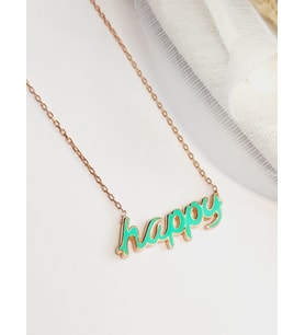 925 Ayar Gümüş Mineli Happy Neon Yeşil Mutlu Trend Kadın Kolye Yılbaşı Yeni Yıl Hediye