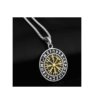Viking Nordik Vegvisir İşlemeli Runik Sembollü 316L Paslanmaz Çelik Kolye Gümüş Gold