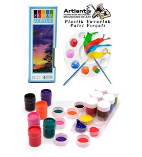 Akrilik Boya 12 Renk 20 ml Şişe 1 Paket 12 Li Akrilik Boya Seti ve Yuvarlak Resim Paleti Fırçalı 1 Paket 10 Hazneli Boya Paleti Sanatsal Boyalar İçin Palet Akrilik Boya (Karışık)