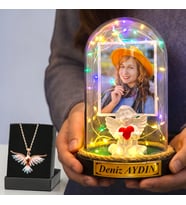 Size Özel Renkli Led Işıklı Beyaz Melekli Fanus ve Renkli Anka Kuşu Kolye