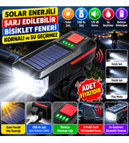 Solar Enerjili USB ile Şarj Edilebilir Ledli Bisiklet Feneri Kornalı ve Su Geçirmez Far (adet fiyatıdır)