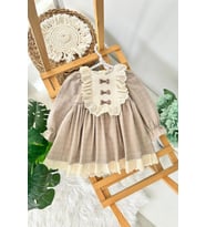 Miniğimin Cicileri (9-24 Ay) Fiyonk Detaylı Fistolu Kız Bebek Pamuk Elbise - Bej