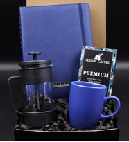 Yılbaşına Özel Spiralli Mavi Yeni Yıl Tarihli Ajanda & Siyah French Press & Mavi Mat Kupa & Alerya Premium Filtre Kahve Hediye Seti