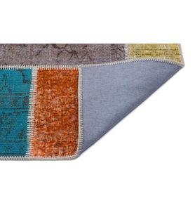 Modern Patchwork Desenli Çok Renkli El Dokuma Salon Halısı Kiremit Tonlarında Yün Pamuk