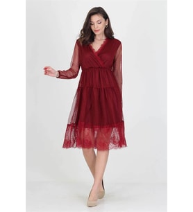Neseli butik kruvaze yaka eteği güpür detaylı yeni sezon elbise NB0010 (Bordo)