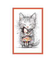 Sevimli Kedi Çizimli Kartpostallar ve Hediye Not Kartları  Sarılmanın Gücü  10 x 15 cm (Kırmızı-Sarı-Siyah-Beyaz)