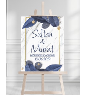 Söz Nişan Düğün İçin 50x70 Karşılama Panosu - Mavi Renk Çiçek Temalı 07