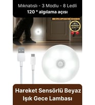 Premium Hareket Sensörlü Usb Şarj Edilebilir Mıknatıslı 3 Mod 8 Ledli Beyaz Işık Gece Lambası 1 Adet