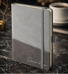 BK Gift Kişiye Özel Gri Termo Deri Defter -17, Kartvizit Bölmeli, Çizgili Ivory Kağıt