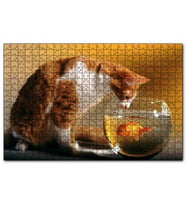 Cakapuzzle Fanustaki Balık ve İzleyen Kedi  Puzzle Yapboz MDF (Ahşap) (120 Parça)