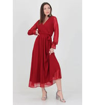 Neşeli Butik Kadın Bordo Yeni Sezon Astarlı Kruvaze Yaka Uzun Şifon Elbise NB003