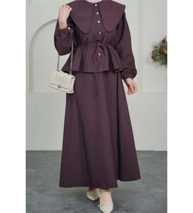 Kadın bordo pelerin yaka etekli tesettür takım DPVQ3134