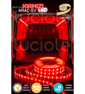 LumiDrive 5m Kırmızı LED Şerit – 12V, 2835 SMD, 300 Çipli, Kesilebilir, Montaja Hazır, Yapışkanlı