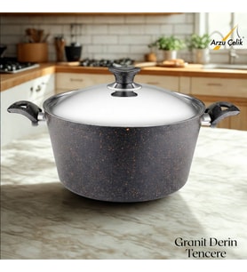 ARZU ÇELİK 28 Cm Granit Derin Tencere Çelik Kapak - Siyah