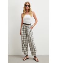 Paça Düğmeli Ekose Pantolon Krem