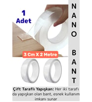 Ultra Güçlü Esnek Kesilebilir Kolay Kullanım Estetik Çift Taraflı Nano Şeffaf Bant 3 Cm X 2 Metre