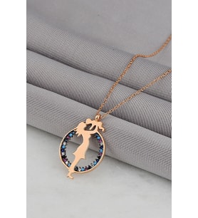 925 Ayar Gümüş Zincirli Rose Kaplama Mix Taşlı Anne Çoçuk Sevgi Kolye