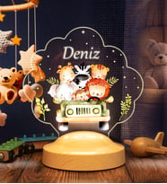 Safari Temalı Çocuk Doğum Günü Gece Lambası, Safari Temalı Jip Arabalı Parti Hediye Led Lamba, Sevimli Hayvanlar Bebek Gece Lambası