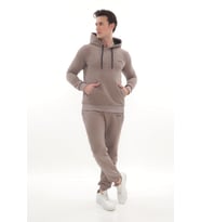 Kanguru Cepli Kapüşonlu 3 Iplik Kışlık Sweat Takım (Bej)