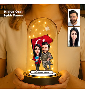 Kişiye Özel Çift Karikatür Fanus  Sevgili ve Evlilere Özel Işıklı Biblo (Siyah - Beyaz)