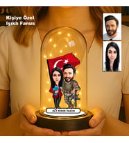 Kişiye Özel Çift Karikatür Fanus  Sevgili ve Evlilere Özel Işıklı Biblo (Siyah - Beyaz)