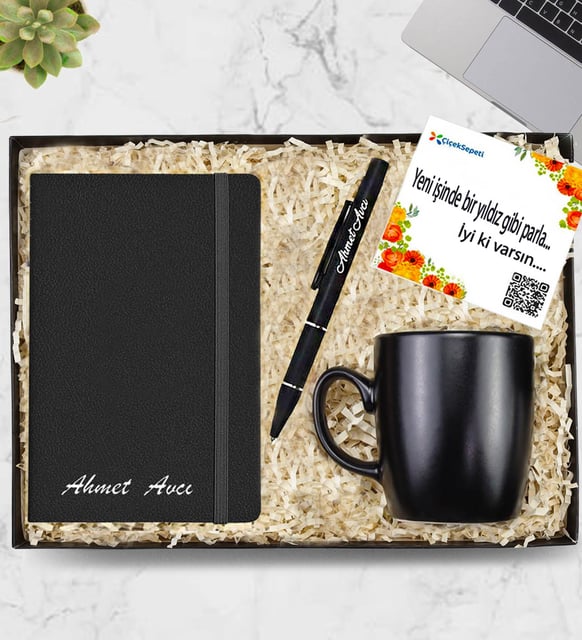 Kişiye Özel Siyah Defter & Siyah Mat Roller Kalem & Siyah Mat Kupa Hediye Seti