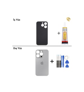 iPhone 15 Pro Naturel Titanyum Arka Kapak Arka Cam Batarya Kapağı Lazer Kesim Kapak Pil Kapağı + B-7000 Yapıştırıcı + Tamir Seti