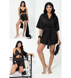 6'lı Sabahlıklı Siyah Saten Pijama Şort Takımı