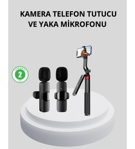 Kablosuz Çift Yaka Mikrofonu Ve Tripodlu Selfie Çubuğu İçerik Üretici Seti