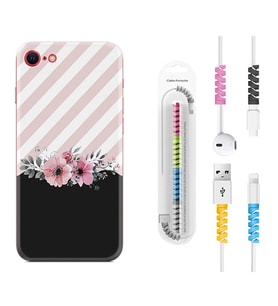 Apple iPhone 5 6 7 8 Plus Se XR Kılıf Kablo Koruma Spiral Silikon Strip Pink Flowers 1396