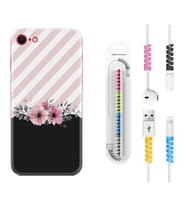 Apple iPhone 5 6 7 8 Plus Se XR Kılıf Kablo Koruma Spiral Silikon Strip Pink Flowers 1396