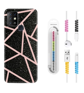INFINIX Hot 8 9 10 11S Hot 10 Play 10T Kılıf Kablo Koruma Spiral Silikon Pembe Şeritli Mermer 1312