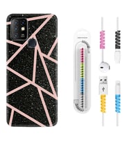 INFINIX Hot 8 9 10 11S Hot 10 Play 10T Kılıf Kablo Koruma Spiral Silikon Pembe Şeritli Mermer 1312