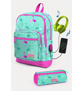Coral High Kids Su Yeşili Neon Pembe Flamingo Desenli USB'li 2'li Okul Çanta Seti - Kız Çocuk
