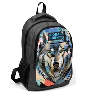 Coral High Siyah Kurt Desenli İlkokul ve Ortaokul Sırt Çantası Üç Bölmeli Erkek Çocuk